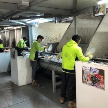 NAWMA MRF staff sorting materials on the container sort line